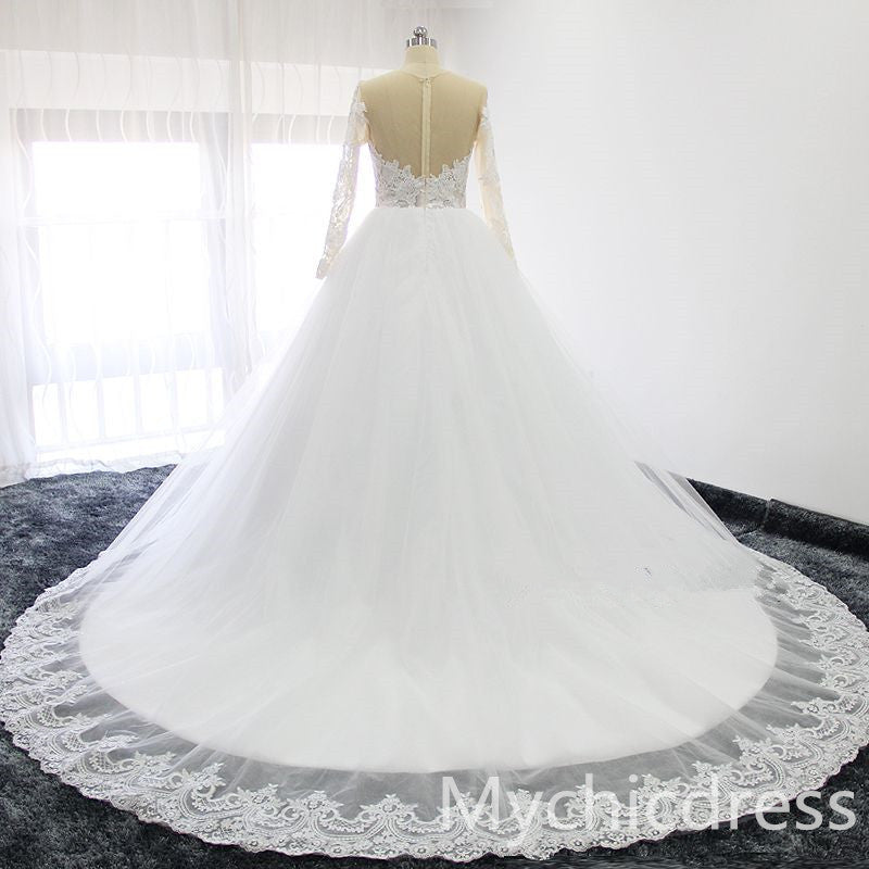 A Line Lace Tulle Ivory Vintage Wedding Dresses with Sleeves