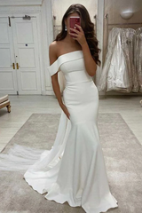 Off the Shoulder Mermaid Satin Bridal Dress UK Long Ivory Wedding Dress