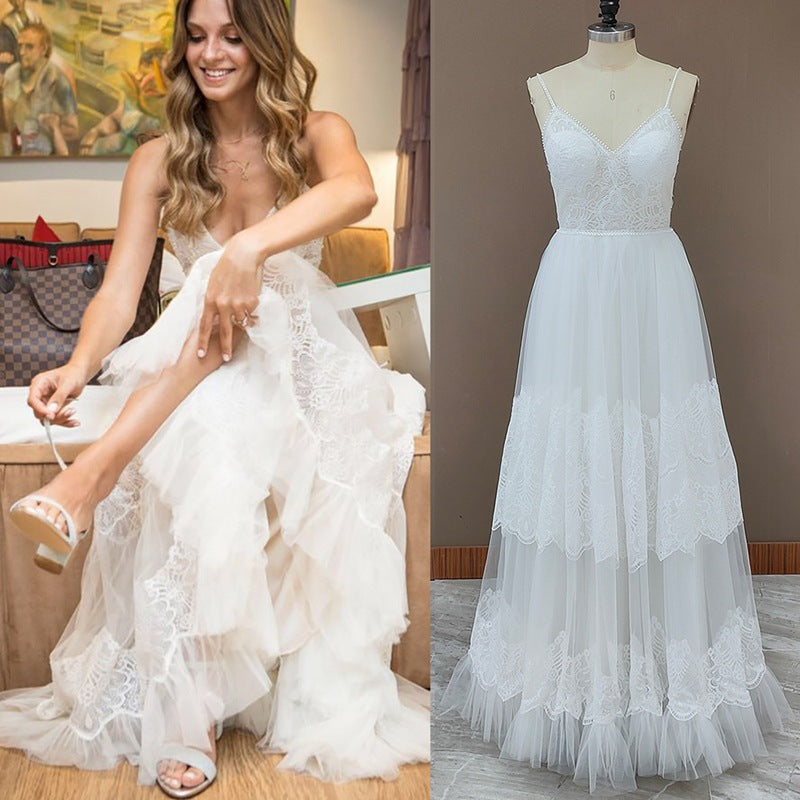 Simple UK Beach Wedding Dress Lace Sheath V Neck Bridal Gowns