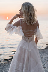 Bohemian Beach Champagne Wedding Dress Boho Spaghetti Straps Backless