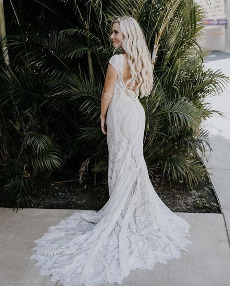 Hot Lace Mermaid Bohemian Wedding Dress Jewel Cap Sleeves