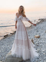 Bohemian Beach Champagne Wedding Dresses Boho Spaghetti Straps Backless