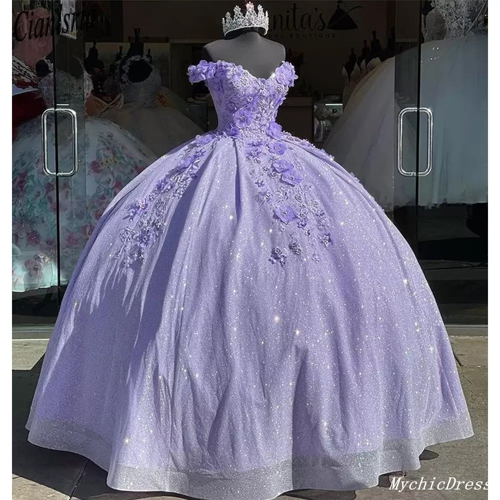 Lavender Sweet 16 Sequin 3d Floral Quinceanera Dresses