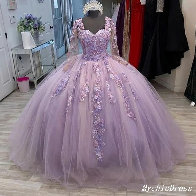 Princess Flowers Lilac Ball Gown Quinceanera Dresses Long Sleeves Lace Up Back