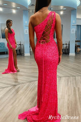 2025 Long Pink Prom Dresses Sequins One Shoulder Evening Gown with Split