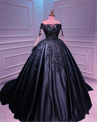 Long Sleeve wedding dress navy blue Ball Gown Lace Appliques