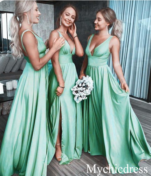 Long Beach V-Neck mint Bridesmaid Dresses Backless Slit Side