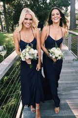 Simple Navy Blue Bridesmaid Dresses Chiffon Spaghetti Straps