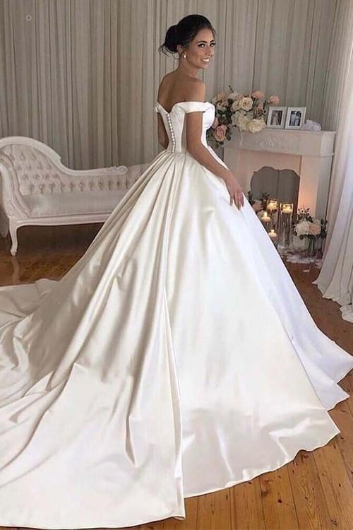 A Line Satin Wedding Dresses Off the Shoulder Bridal Gown with Train