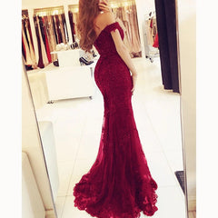 Off the Shoulder Lace Mermaid Burgundy Prom Dresses