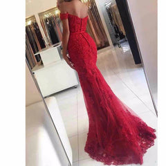 Off the Shoulder Lace Mermaid Burgundy Prom Dresses