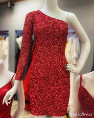 2024 One Shoulder Short Homecoming Dress Burgundy Sequin Prom Dresses