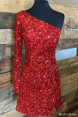 2024 One Shoulder Short Homecoming Dress Burgundy Sequin Prom Dresses