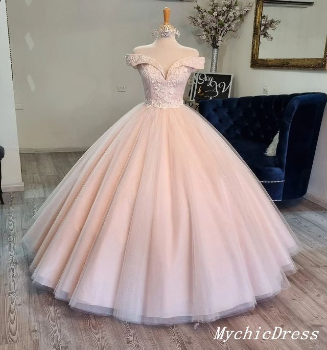 Princess Flowers Ball Gown Pink Quinceanera Dresses off Shoulder