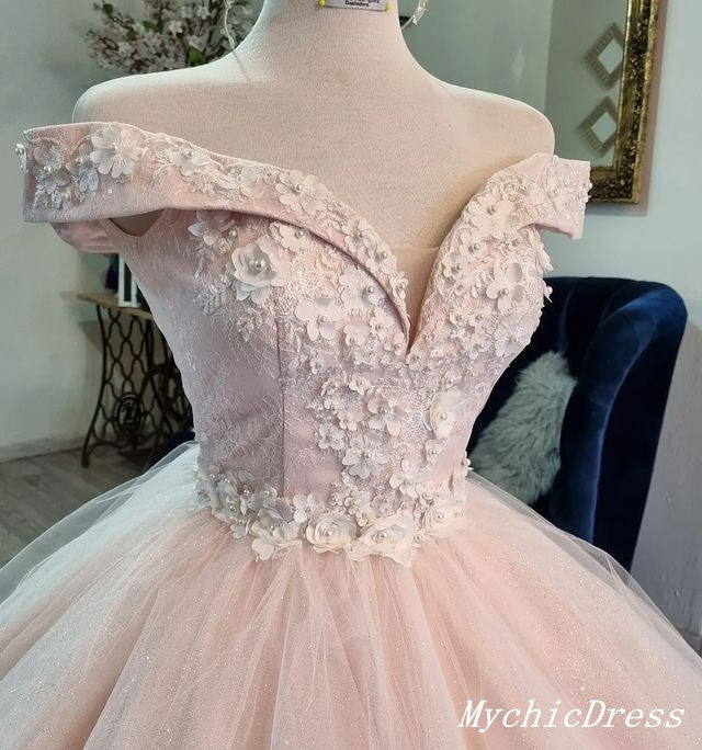 Princess Flowers Ball Gown Pink Quinceanera Dresses off Shoulder