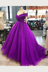 A Line Off the Shoulder 2025 Purple Tulle Prom Dresses Long Evening Gown