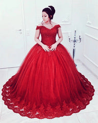 best red wedding Dresses Beaded Lace Off Shoulder Sweet 16 Dress