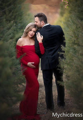 Simple Off-The-Shoulder Long Sleeves Pregnant Dresses Mermaid Prom Dress