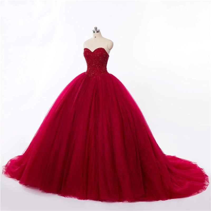 New Ball Gown Red Sweetheart Strapless Beads Quinceanera Dress