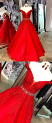 Red Lace Formal Prom Dresses Tulle Off Shoulder Long Beaded Evening Dress