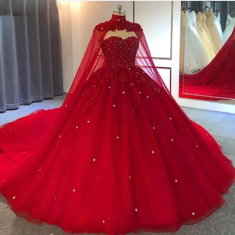 Crystals Gothic red Wedding Dresses Sleeveless with Cape