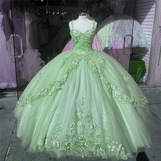 Princess 3D Flowers mint green Quince Dresses 2025 Lace Ball Gown Sweet 16 Dresses