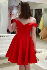Simple Off the Shoulder Red Homecoming Dress Short Satin Hoco Dress