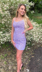 2024 Short Lilac Homecoming Dress Lace Tight Hoco Dress Spaghetti Straps