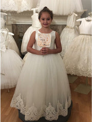 White Scoop Ball Gown Tulle Lace Flower Girl Dresses