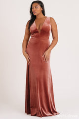 Long V Neck Rust Velvet Bridesmaid Dresses Mermaid Wedding Guest Dress