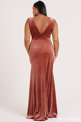 Long V Neck Rust Velvet Bridesmaid Dresses Mermaid Wedding Guest Dress