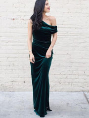 Unique Long Emeral Green Velvet Bridesmaid Dresses One Shoulder Wedding Guest Dress