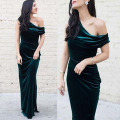 Unique Long Emeral Green Velvet Bridesmaid Dresses One Shoulder Wedding Guest Dress