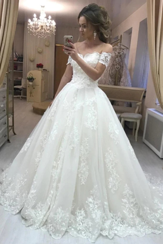 Gorgeous A Line Off the Shoulder Lace Wedding Dress Tulle Appliques Bridal Gown