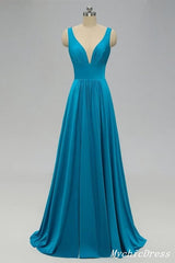 Cheap Blue Long Chiffon Bridesmaid Dresses V Neck with Split