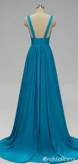 Cheap Blue Long Chiffon Bridesmaid Dresses V Neck with Split