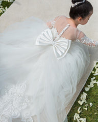 White Lace Tulle Flower Girl Dresses Long Sleeves with Bowknot