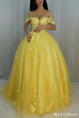 Yellow Lace Prom Dresses Tulle Appliques Long Party Dresses UK